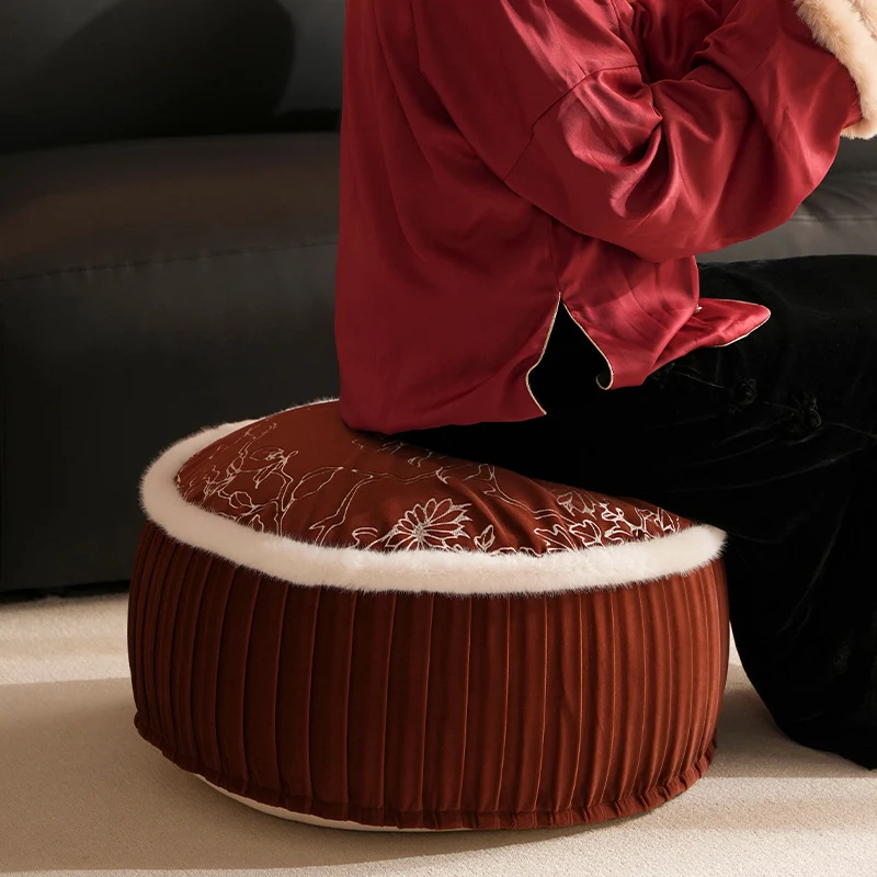 Round velvet floor pouf with floral embroidered top and faux fur trim Stornfield