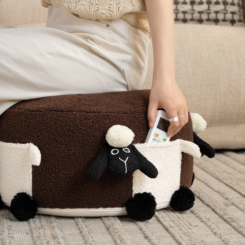 Round plush seat pouf with cute sheep appliqués and teddy fleece Stornfield
