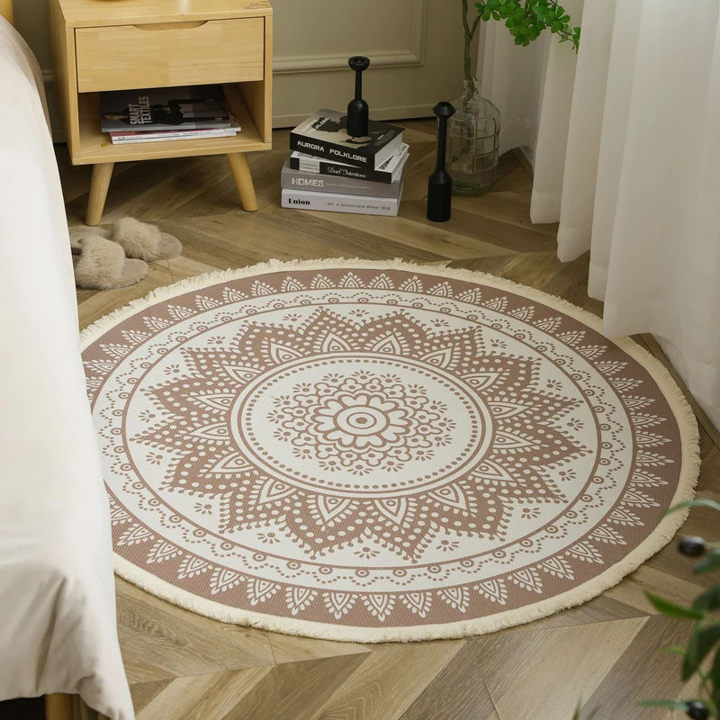 Round woven rug with mandala motif, flat cotton-jute mix and fringes Stornfield