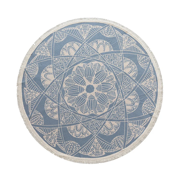 Round woven rug with mandala motif, flat cotton-jute mix and fringes Stornfield