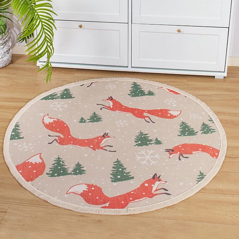 Round woven rug with mandala motif, flat cotton-jute mix and fringes Stornfield
