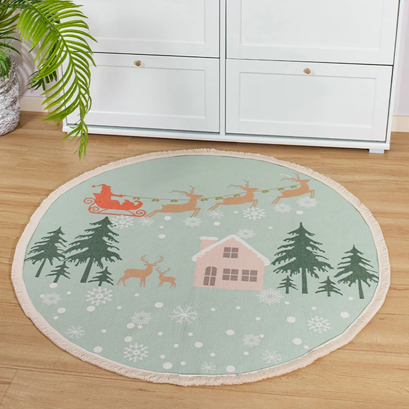 Round woven rug with mandala motif, flat cotton-jute mix and fringes Stornfield