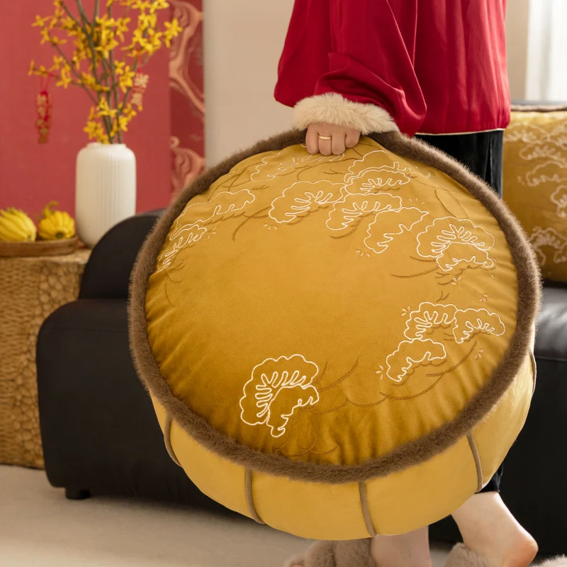 Round padded floor seat pouf with embroidered top and faux fur trim Stornfield