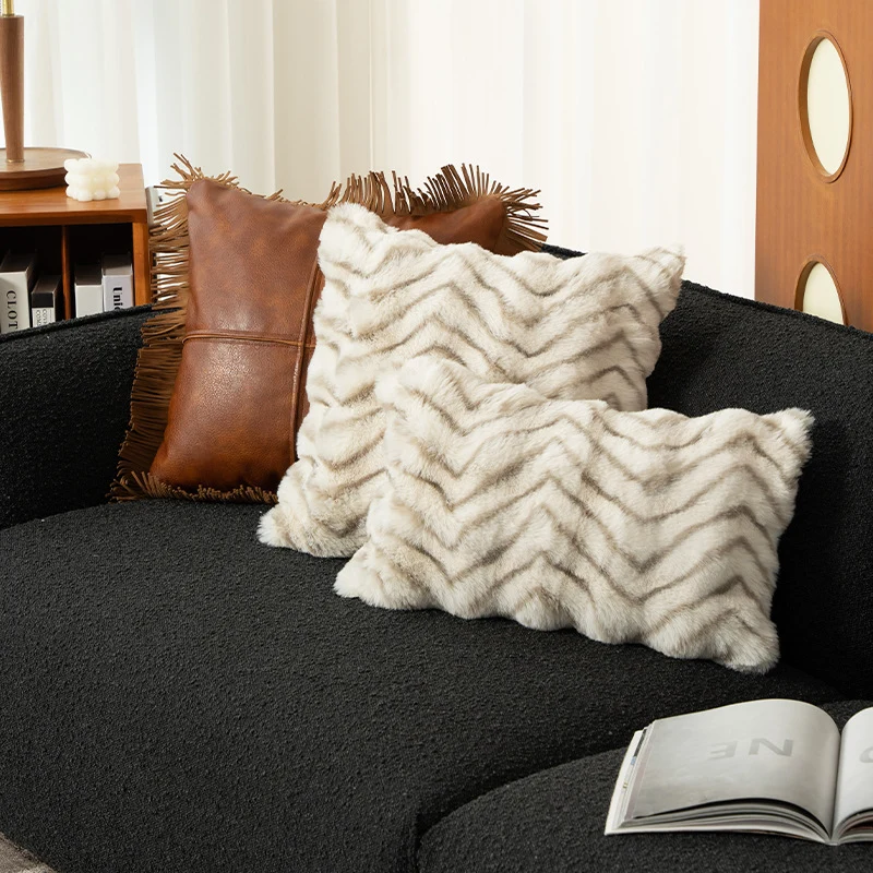 Rectangular faux fur decorative cushion with chevron relief and removable cover Stornfield