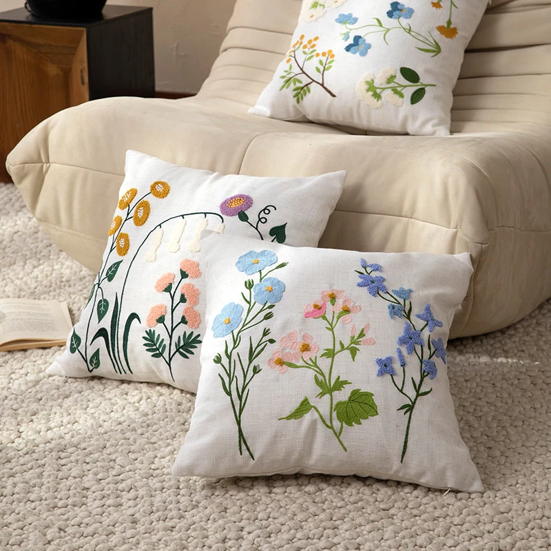 Decorative cushion cover linen look with hand-embroidered wildflowers and concealed zipper Stornfield