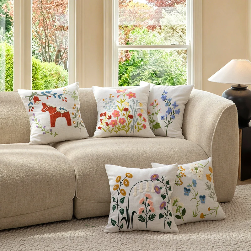 Decorative cushion cover linen look with hand-embroidered wildflowers and concealed zipper Stornfield