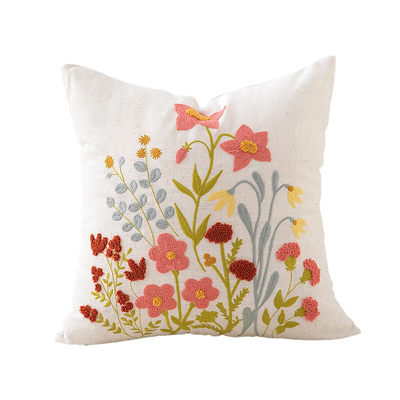 Decorative cushion cover linen look with hand-embroidered wildflowers and concealed zipper Stornfield