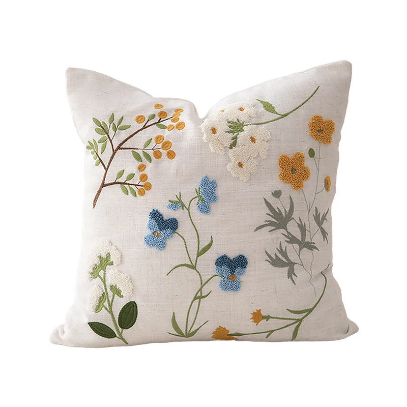 Decorative cushion cover linen look with hand-embroidered wildflowers and concealed zipper Stornfield