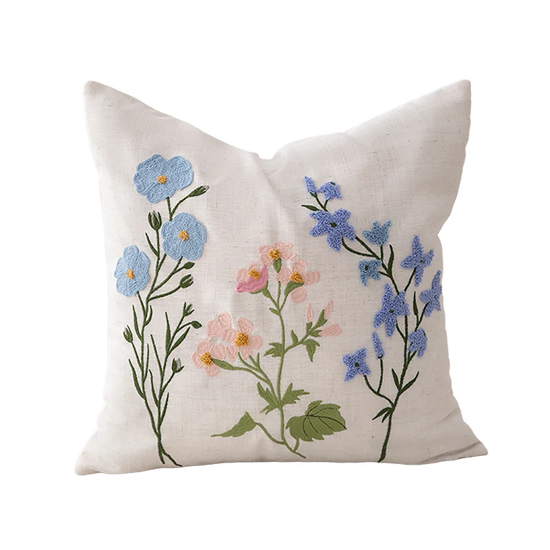 Decorative cushion cover linen look with hand-embroidered wildflowers and concealed zipper Stornfield