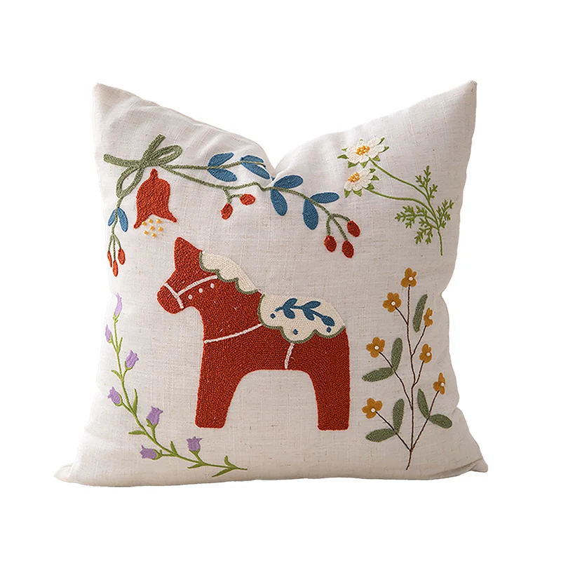 Decorative cushion cover linen look with hand-embroidered wildflowers and concealed zipper Stornfield