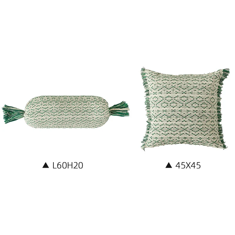Cozy cushion set made of woven cotton blend with cylindrical roll and tassels Stornfield