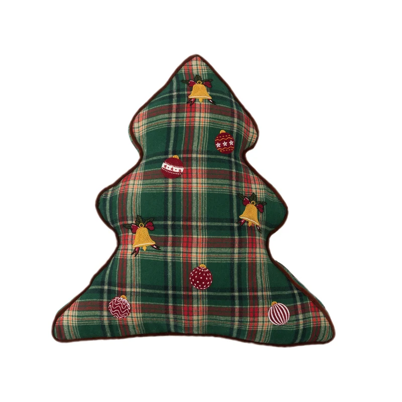 Christmas tree-shaped decorative pillow made of checked flannel with embroidered appliqués Stornfield