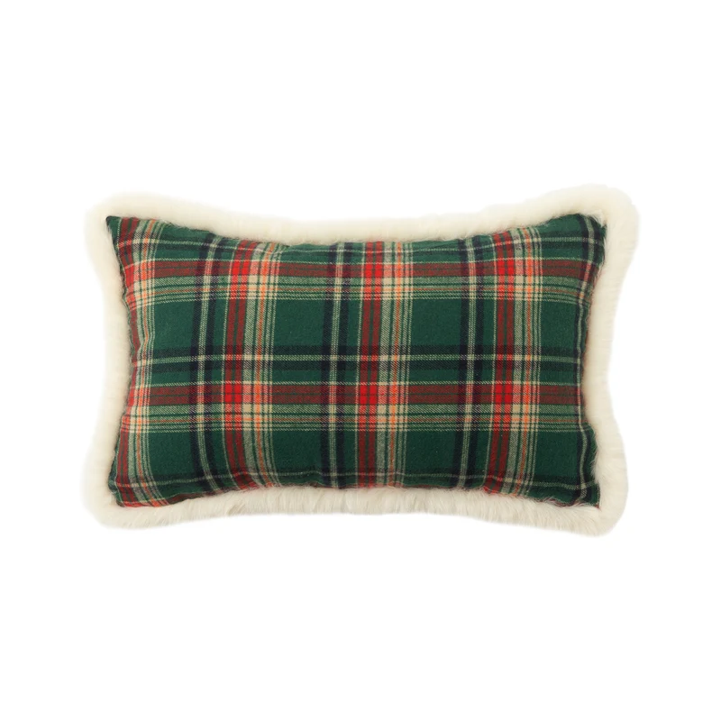 Christmas tree-shaped decorative pillow made of checked flannel with embroidered appliqués Stornfield