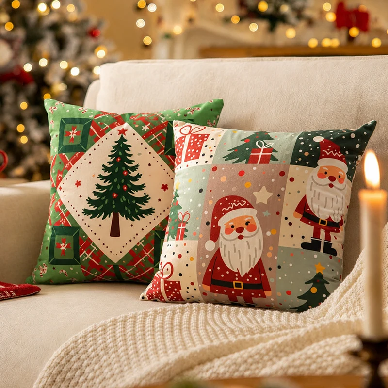 Christmas square decorative pillow cover with patchwork design and concealed zipper Stornfield