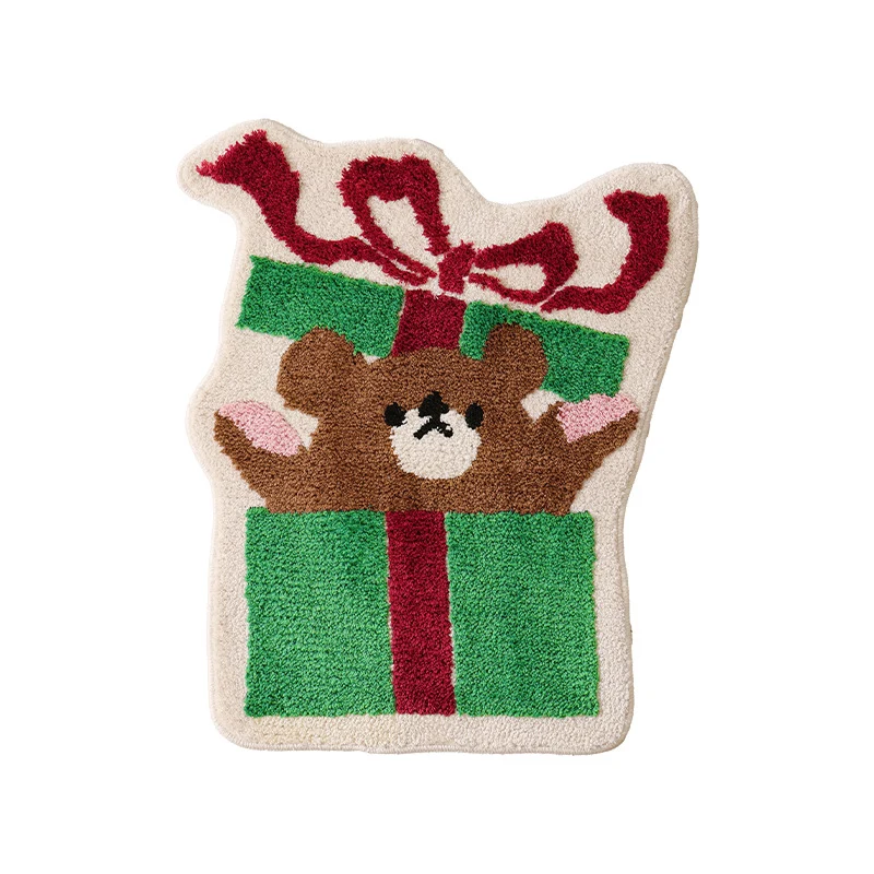 Playful gift-shaped doormat with tufted teddy bear motif Stornfield