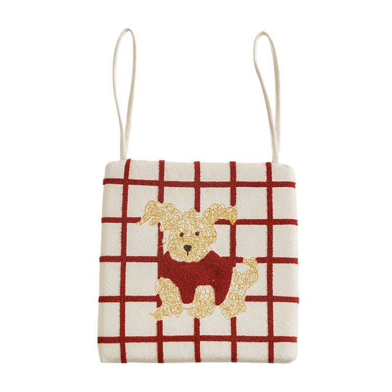 Fabric hanging pillow with apple and dog appliqué and hanging loops Stornfield