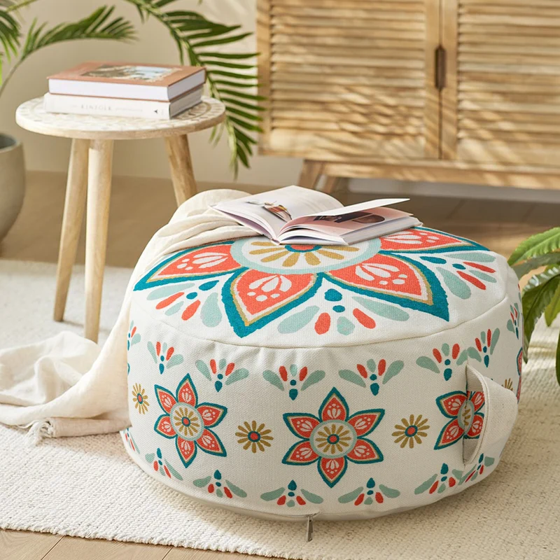 Round seat pouf with woven cotton cover and ethnic mandala print Stornfield