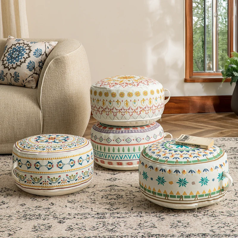 Round seat pouf with woven cotton cover and ethnic mandala print Stornfield