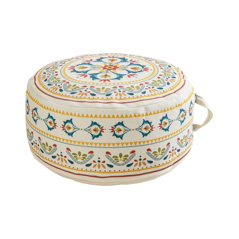 Round seat pouf with woven cotton cover and ethnic mandala print Stornfield