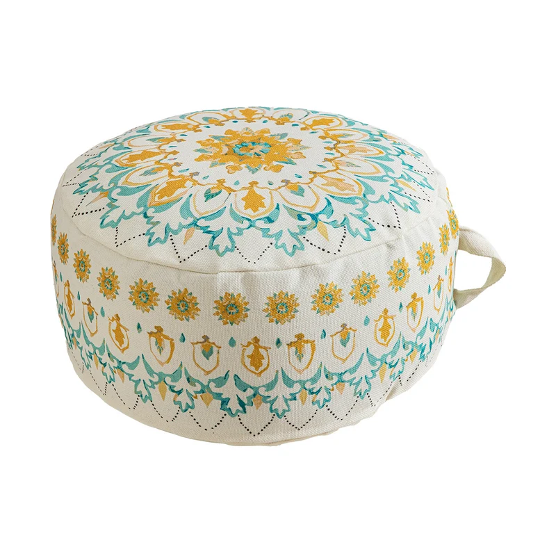 Round seat pouf with woven cotton cover and ethnic mandala print Stornfield