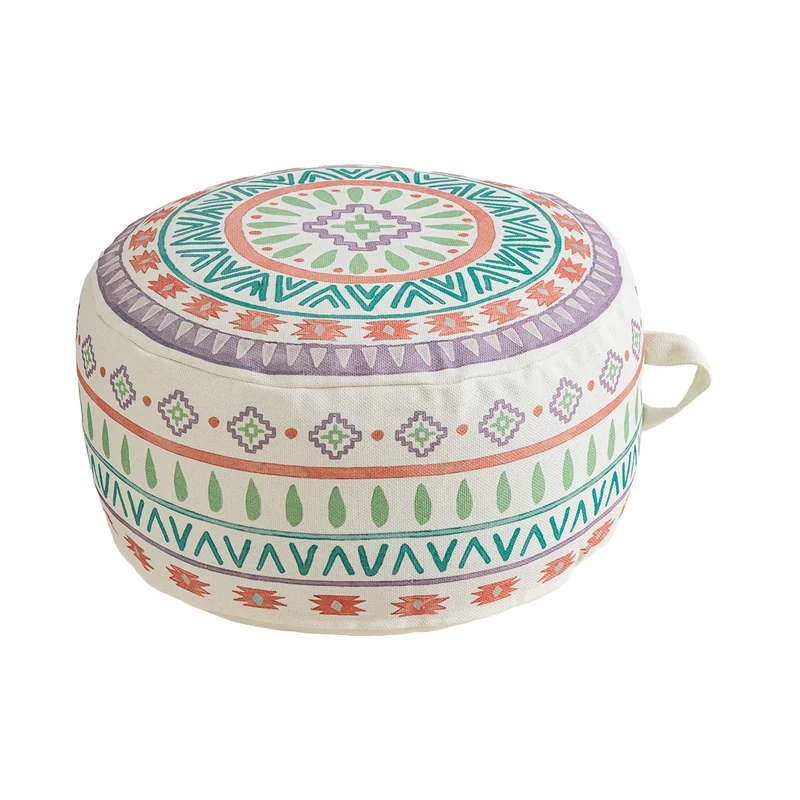 Round seat pouf with woven cotton cover and ethnic mandala print Stornfield