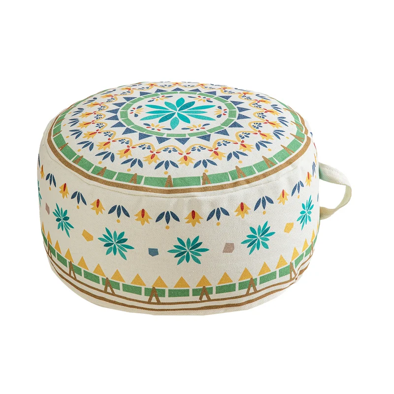 Round seat pouf with woven cotton cover and ethnic mandala print Stornfield