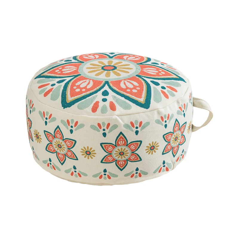 Round seat pouf with woven cotton cover and ethnic mandala print Stornfield