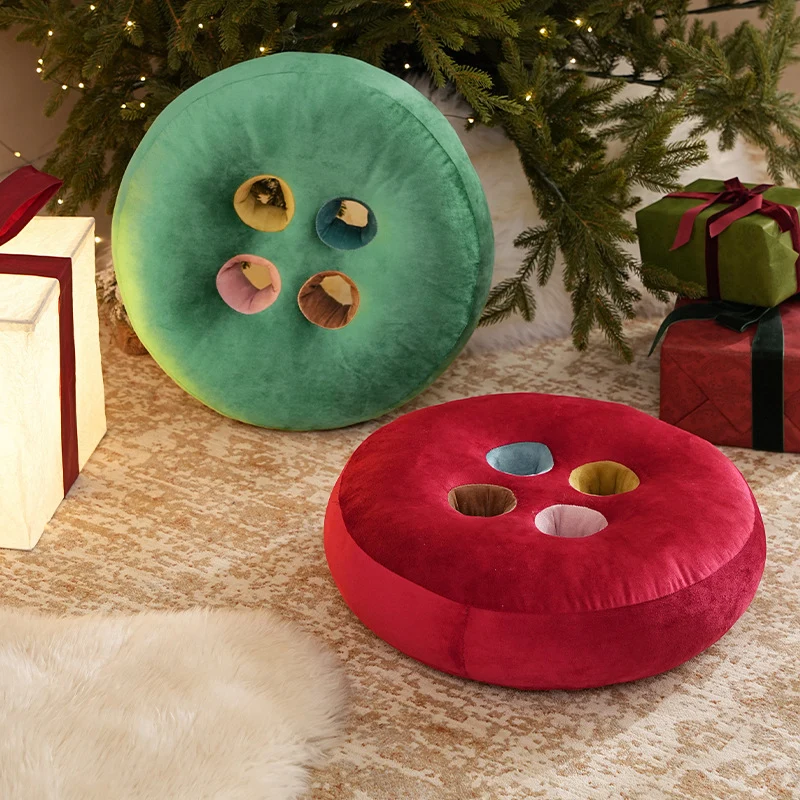 Round floor cushion pouf in button design with four recessed compartments and soft velvet cover Stornfield