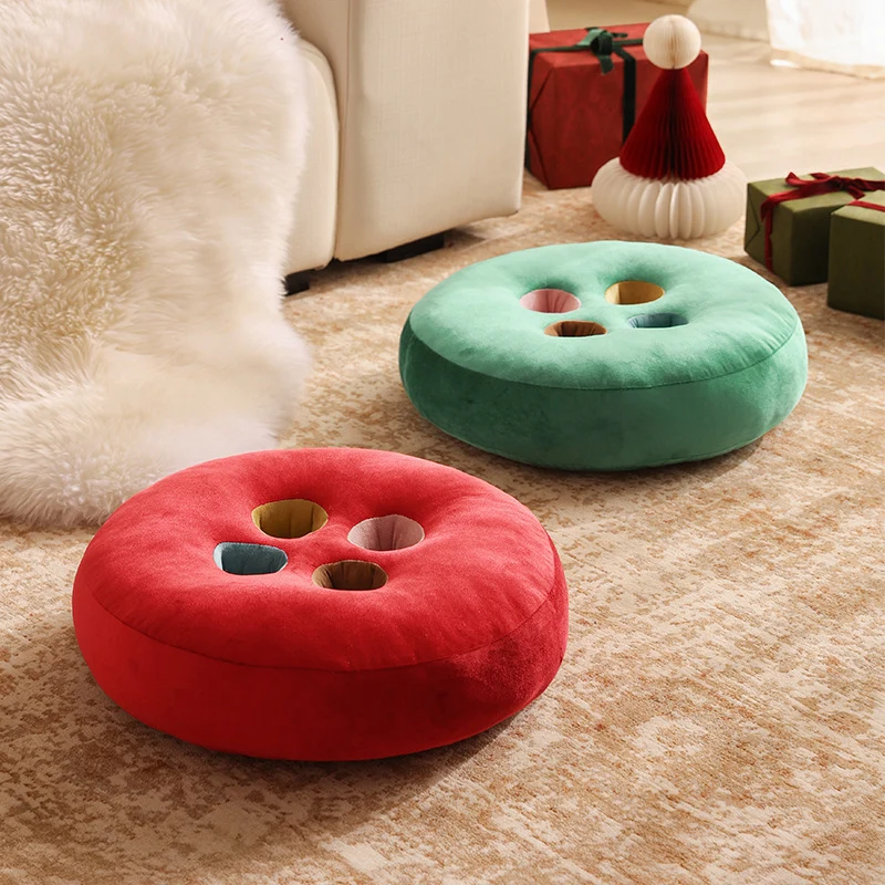 Round floor cushion pouf in button design with four recessed compartments and soft velvet cover Stornfield