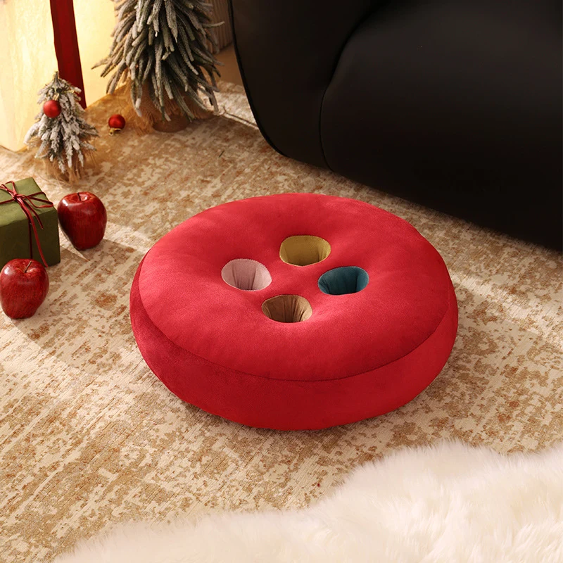 Round floor cushion pouf in button design with four recessed compartments and soft velvet cover Stornfield