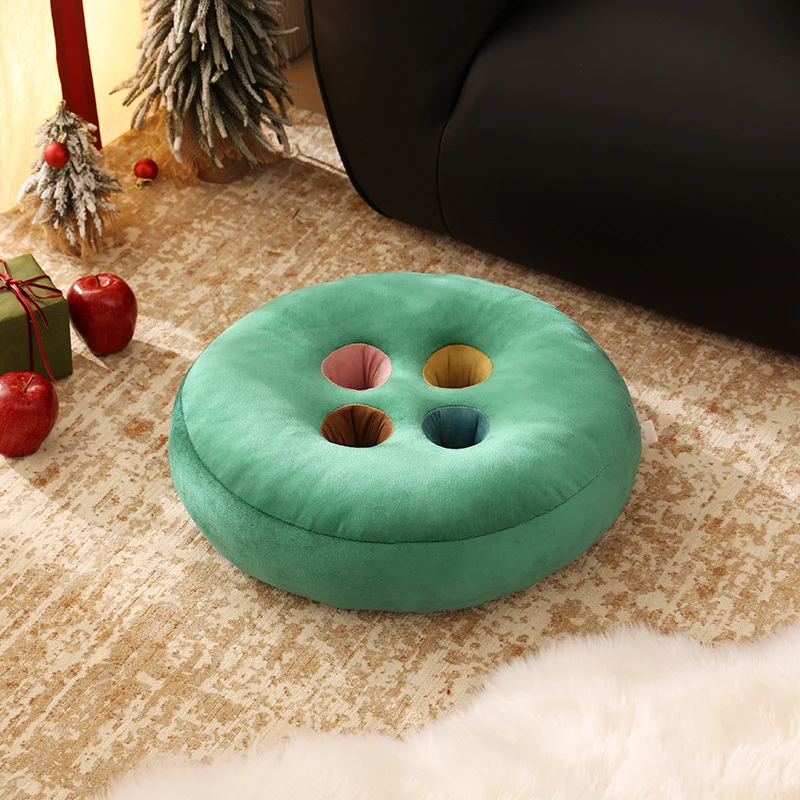 Round floor cushion pouf in button design with four recessed compartments and soft velvet cover Stornfield