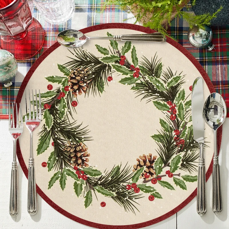 Round wipeable placemat with Christmas pine cone and holly wreath motif Stornfield