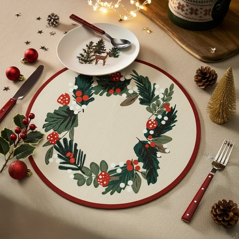 Round wipeable placemat with Christmas pine cone and holly wreath motif Stornfield