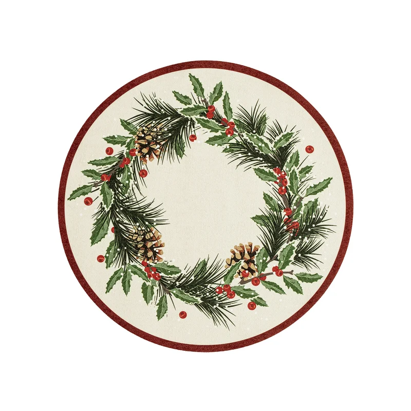Round wipeable placemat with Christmas pine cone and holly wreath motif Stornfield