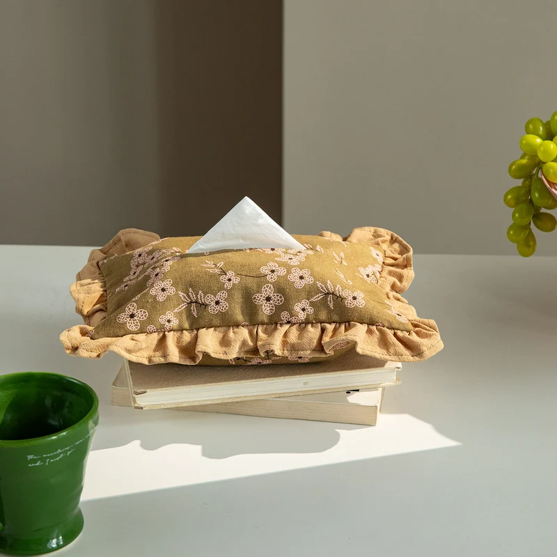 Romantic fabric tissue box cover with ruffles and floral print Stornfield