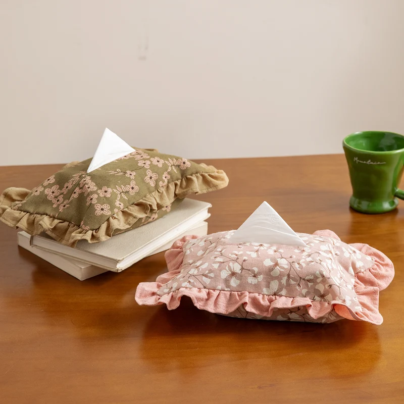 Romantic fabric tissue box cover with ruffles and floral print Stornfield