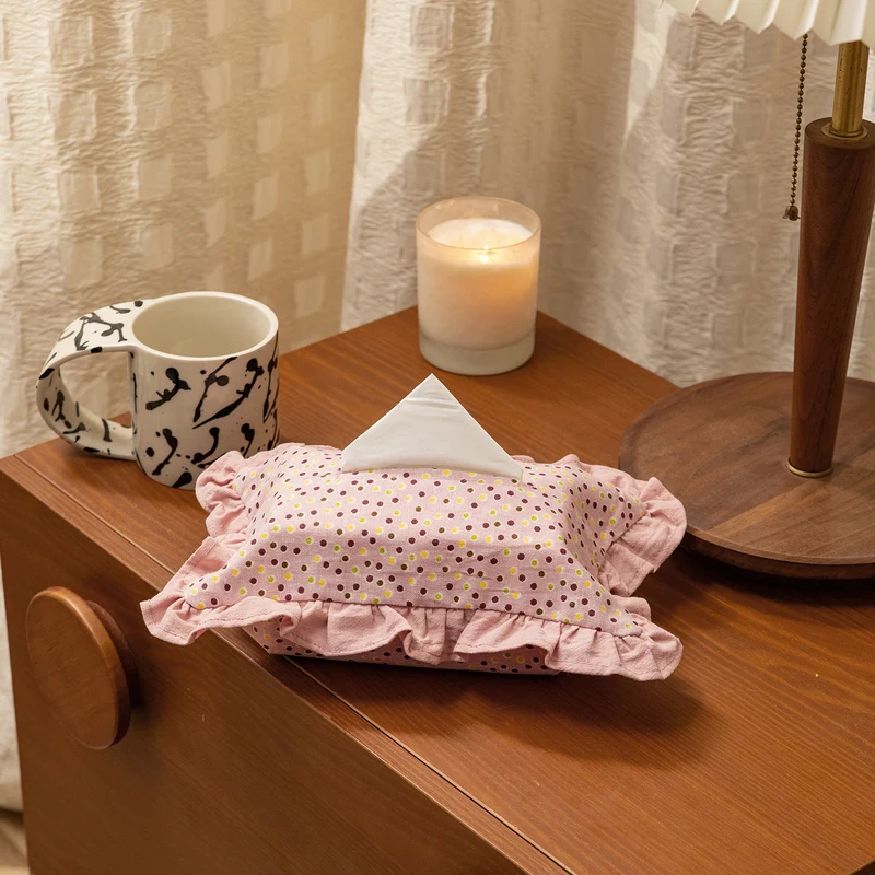 Romantic fabric tissue box cover with ruffles and floral print Stornfield