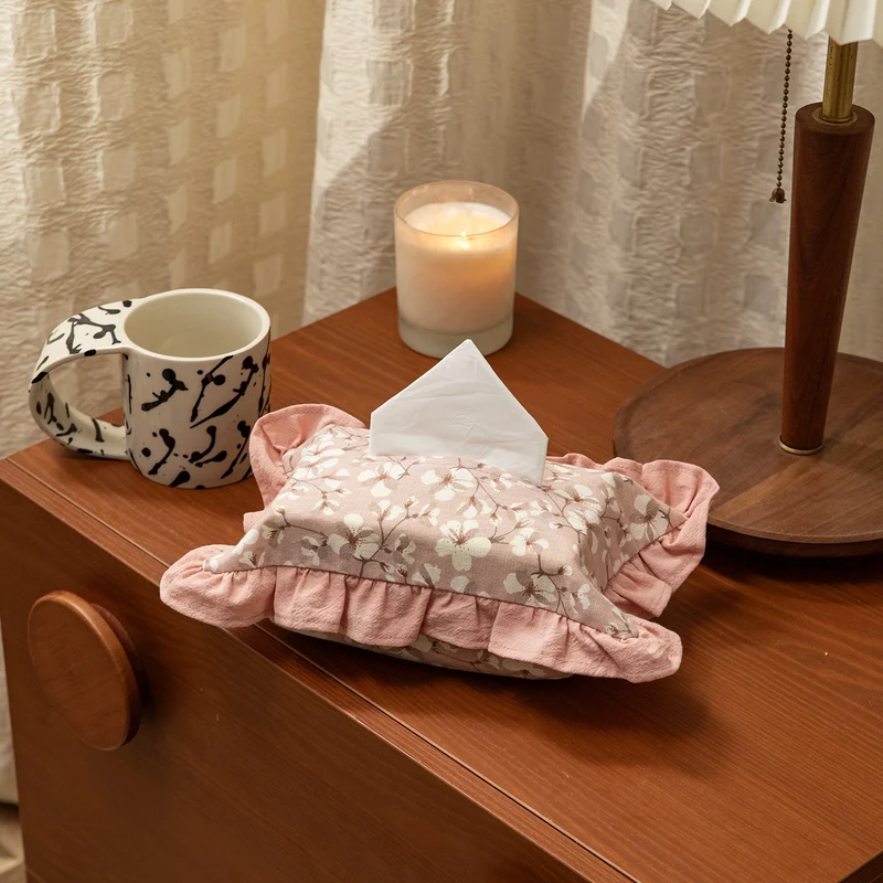 Romantic fabric tissue box cover with ruffles and floral print Stornfield