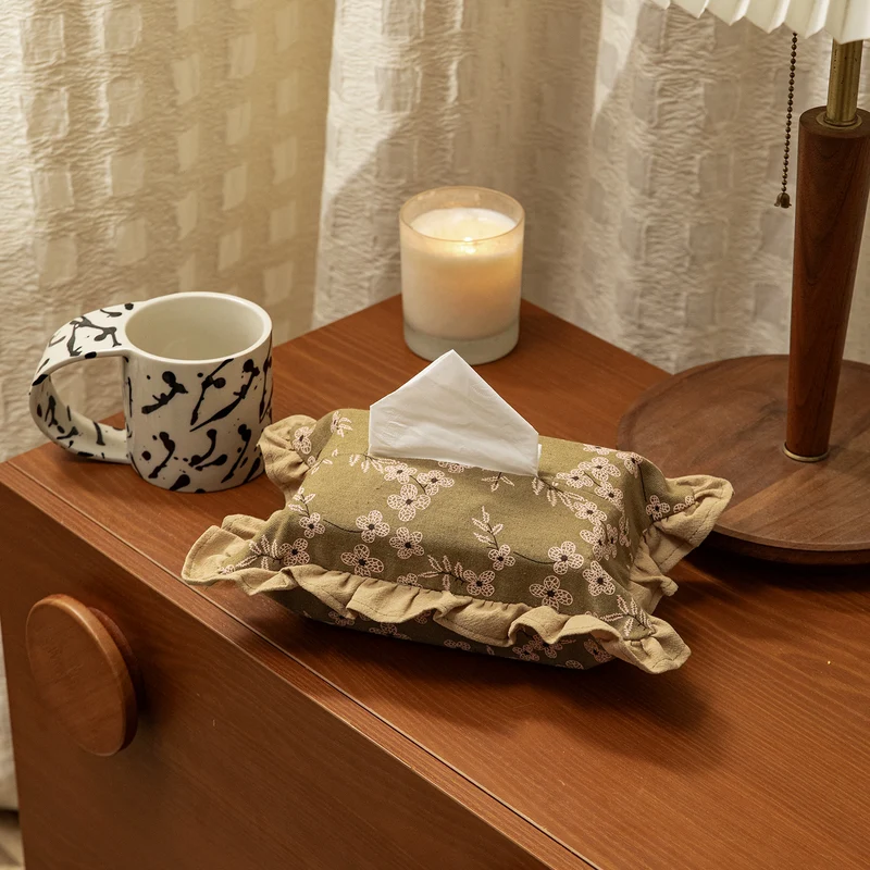 Romantic fabric tissue box cover with ruffles and floral print Stornfield