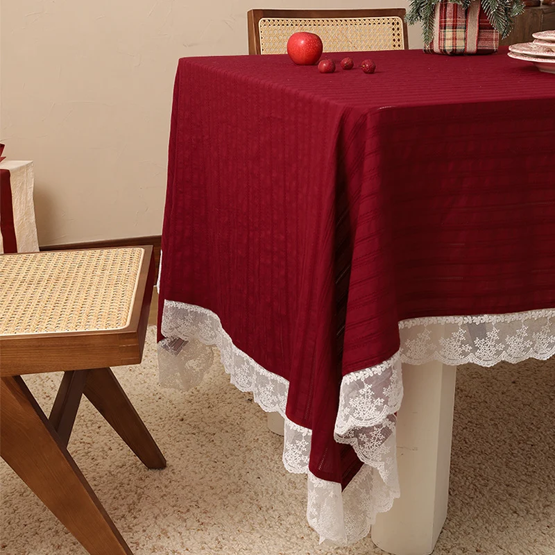 Rectangular festive tablecloth with lace border and fine waffle texture Stornfield