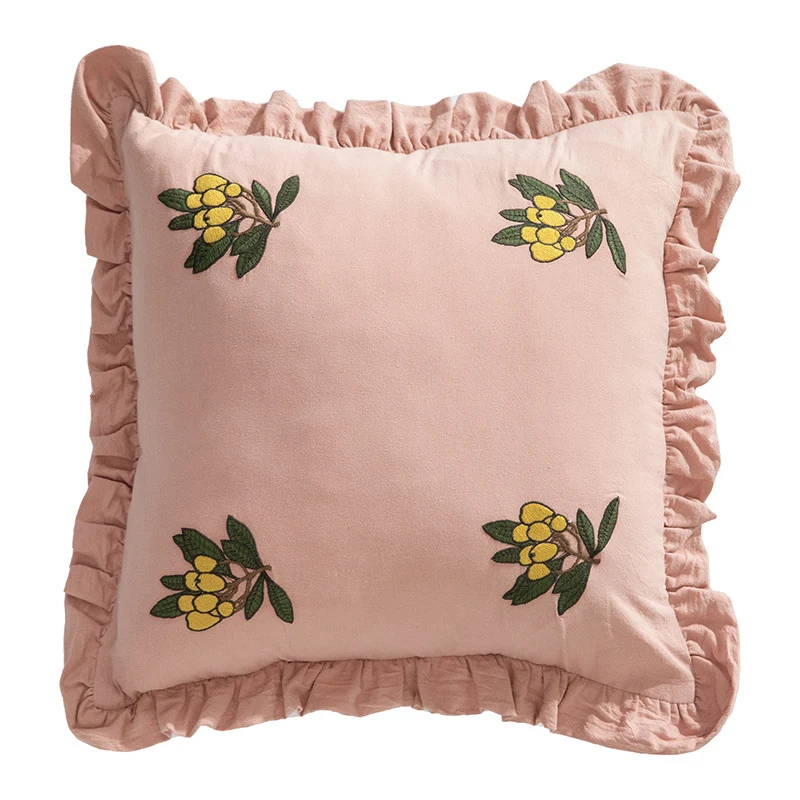 Square decorative cushion with frill edge and embroidered berry ornament made of cotton-linen Stornfield