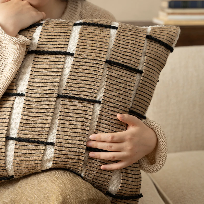 Square Decorative Cushion with Woven Checkered Pattern Relief Structure Stornfield