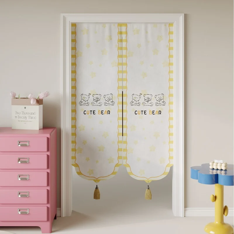 Kids Decorative Split Doorway Noren Curtain with Tassels and Cartoon Floral Lion Print