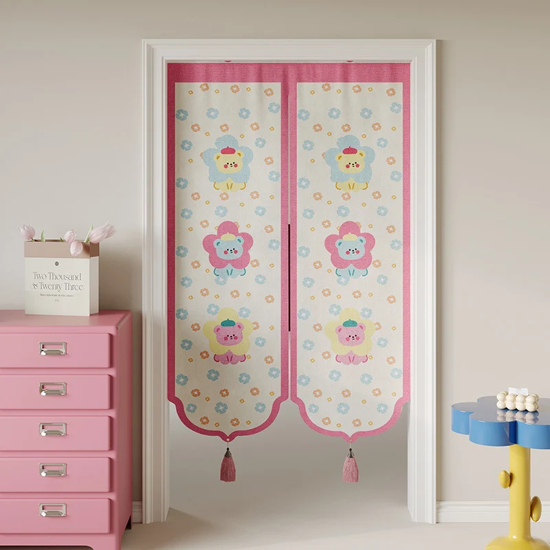 Kids Decorative Split Doorway Noren Curtain with Tassels and Cartoon Floral Lion Print