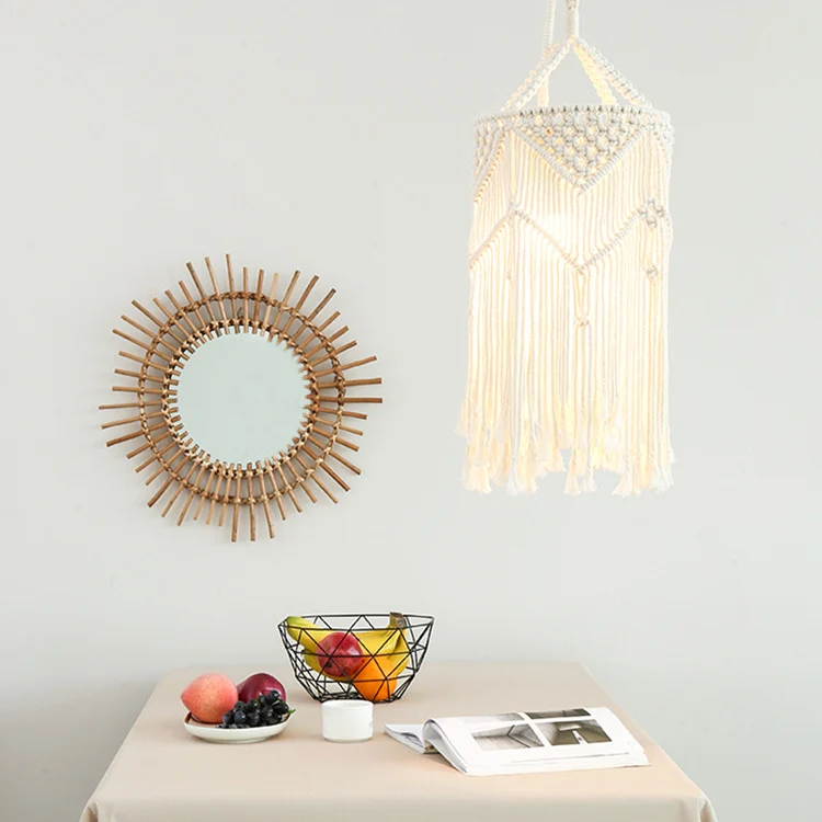 Macramé pendant light with hand-knotted cotton shade and decorative fringes Stornfield