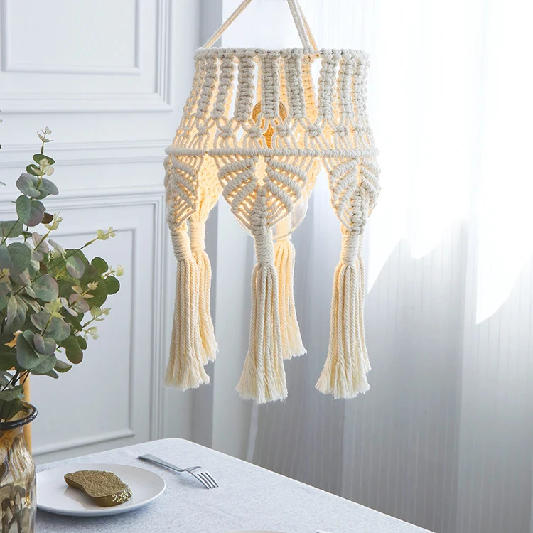 Macramé pendant light with hand-knotted cotton shade and decorative fringes Stornfield