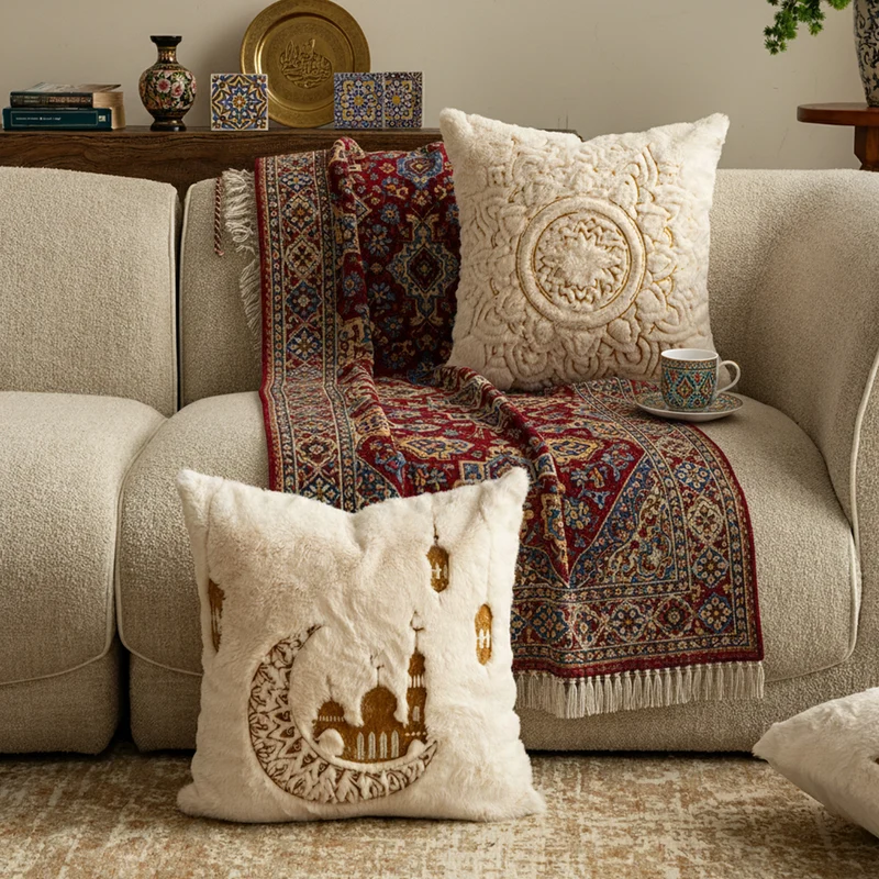 Luxurious decorative pillow cover made of faux fur with relief mandala motif Stornfield