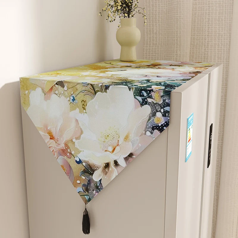 Floral Watercolor Jacquard Table Runner with Tassel Trim