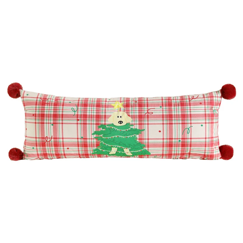 Long decorative lumbar and neck pillow in Christmas check with pompom and dog-tree motif Stornfield