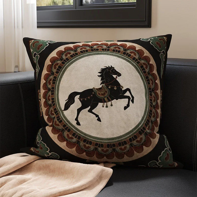 Embroidered Medallion Horse Velvet-Texture Decorative Throw Pillow Cover with Hidden Zipper